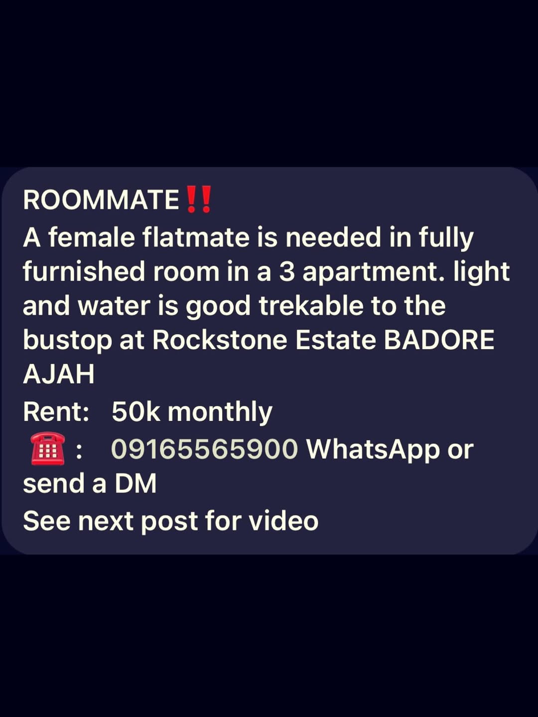 Fully Furnished Room for Female in Badore Ajah