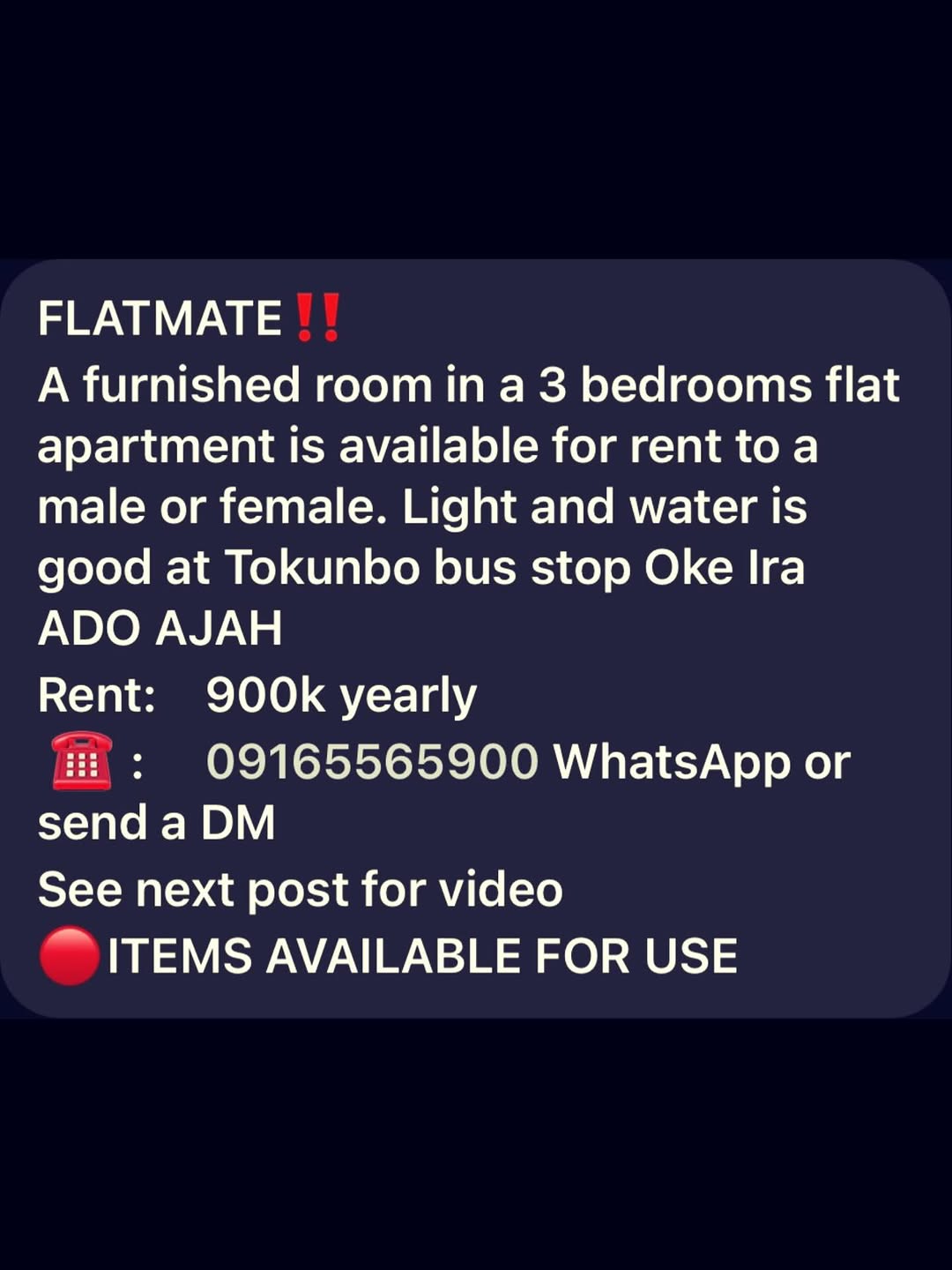 Spacious Room in Ado Ajah Flat – 900k/Year