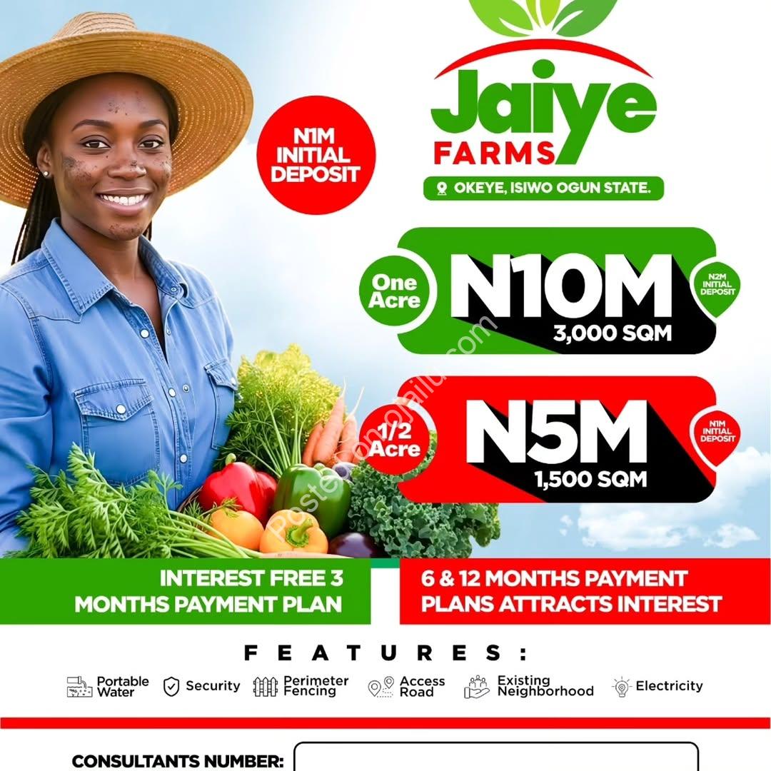 Secure your slice of Jaiye Farms today at an introductory price of ₦1,670,000 per plot (500sqm)! This prime agro-investment on the Epe-Ijebu Ode Expressway offers paved roads, water, electricity, and high resale value. Don’t wait—price jumps to market rate of ₦12.6 million/acre after initial sell-out. Book your inquiry now: 08187577102. #PrimeAgroLand #JaiyeFarms #InvestSmartly