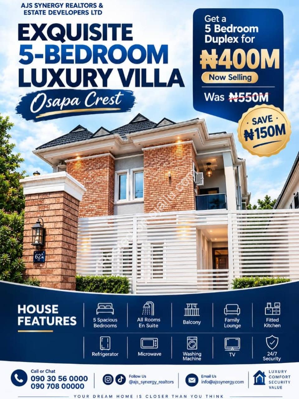 ₦150M Slashed: 5-Bed En-Suite Duplex with BQ & Penthouse